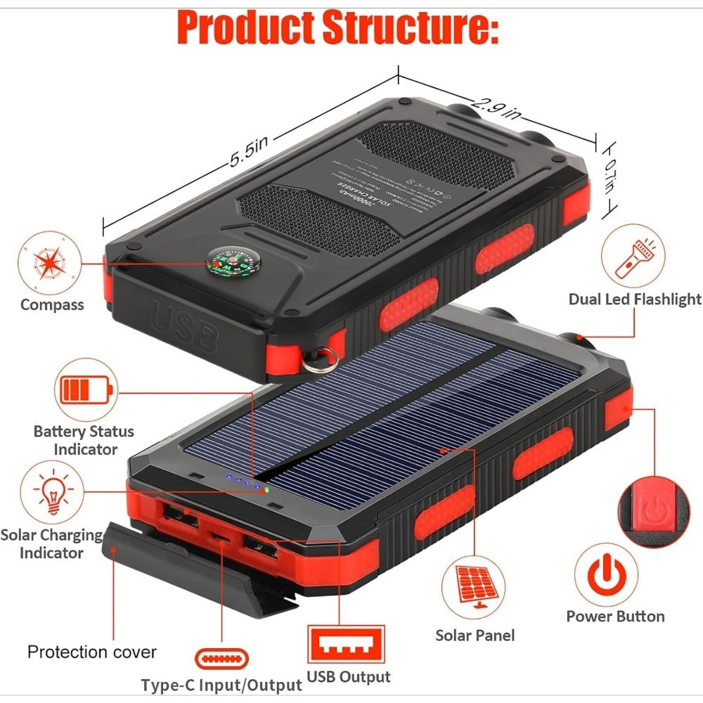 Solar Power Bank 20000mAh Outdoor Portable Charger with LED Flashlight SOS Compass & Carabiner Hook