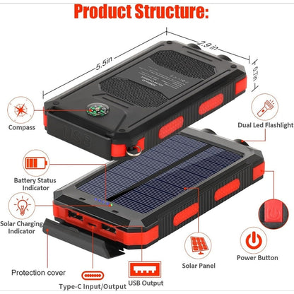 Solar Power Bank 20000mAh Outdoor Portable Charger with LED Flashlight SOS Compass & Carabiner Hook