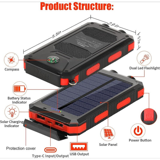 Solar Power Bank 20000mAh Outdoor Portable Charger with LED Flashlight SOS Compass & Carabiner Hook