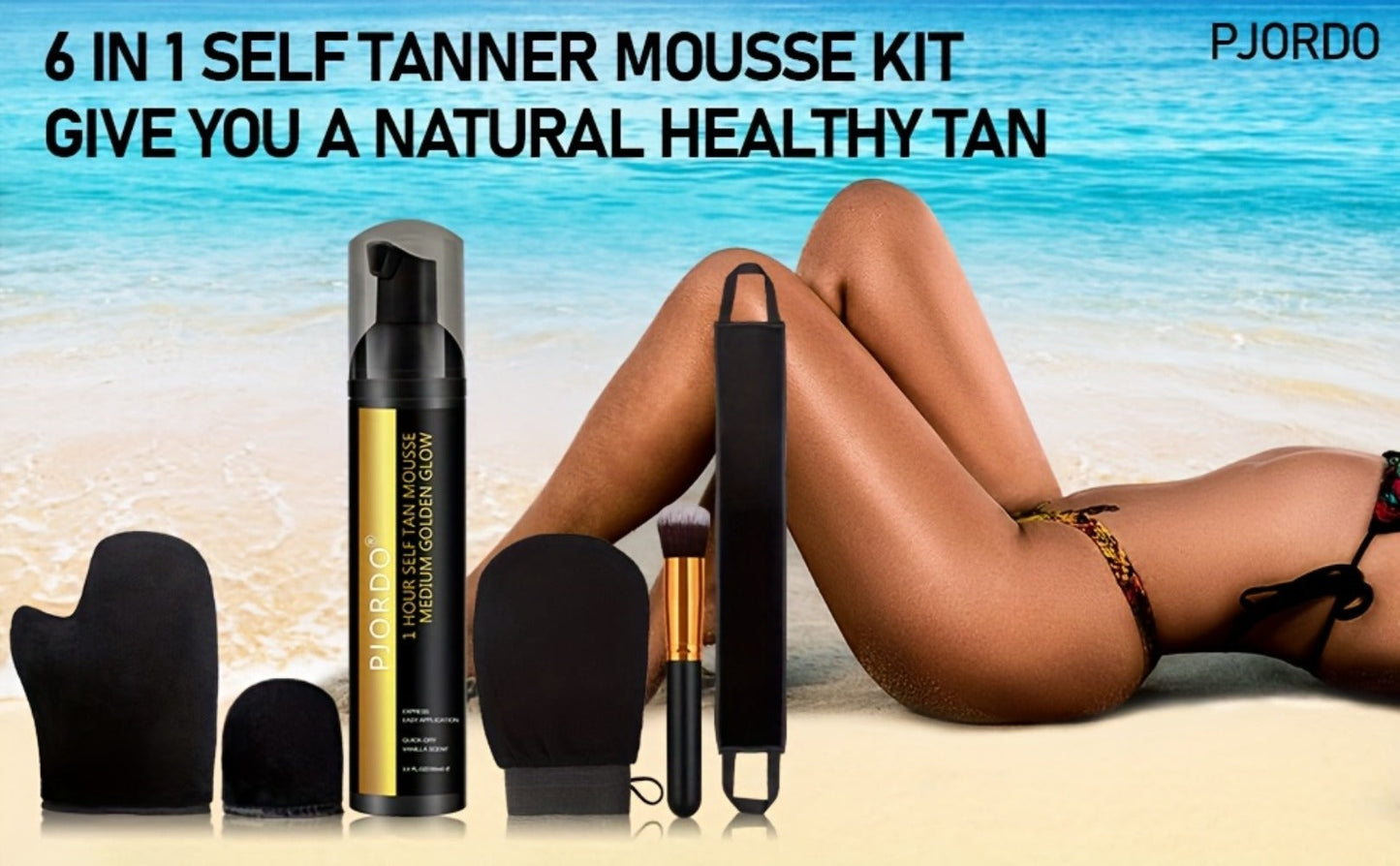 Sunless Tanning Mousse Kit 6-Piece Set with Mitt Applicator – Self Tanner Foam 1 Hour Fast Tan No Fake Smell