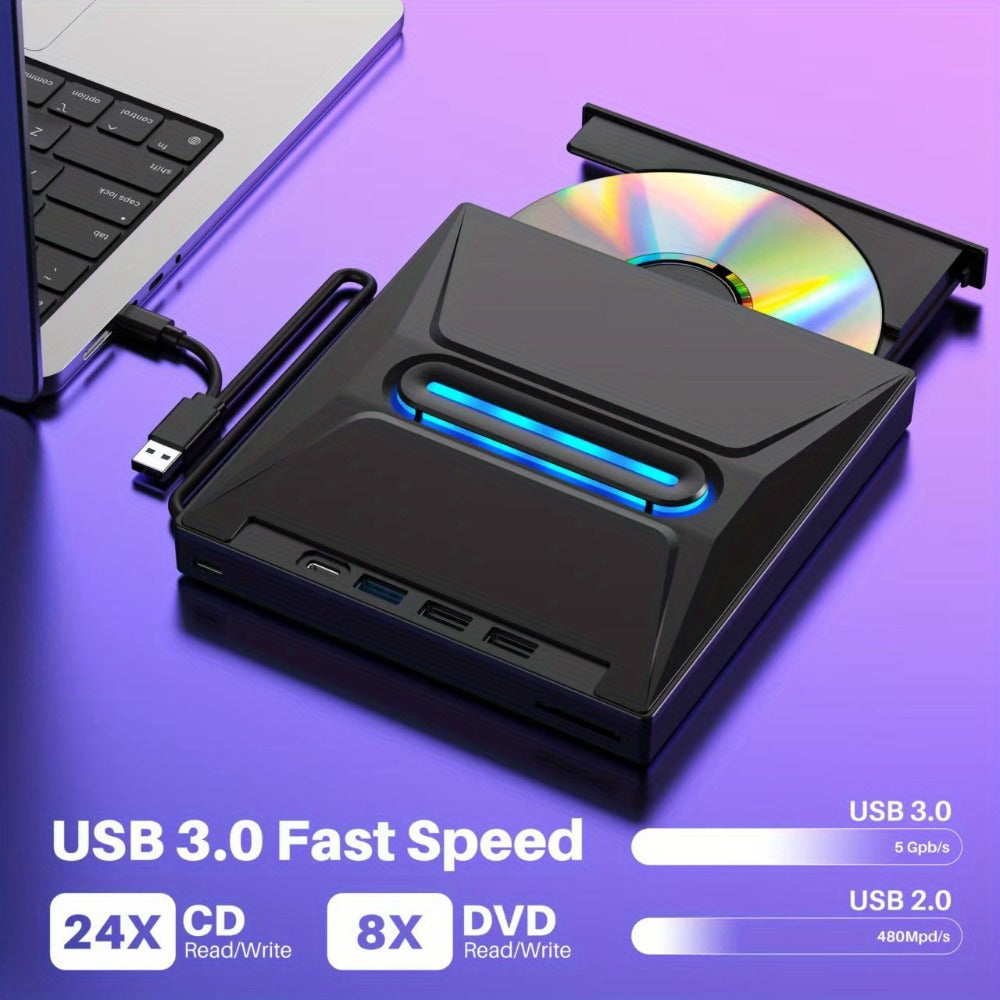 8-in-1 Luminous External CD DVD Drive USB 3.0 & Type-C - Portable CD/DVD±RW Burner Player Hub with 3 USB Ports