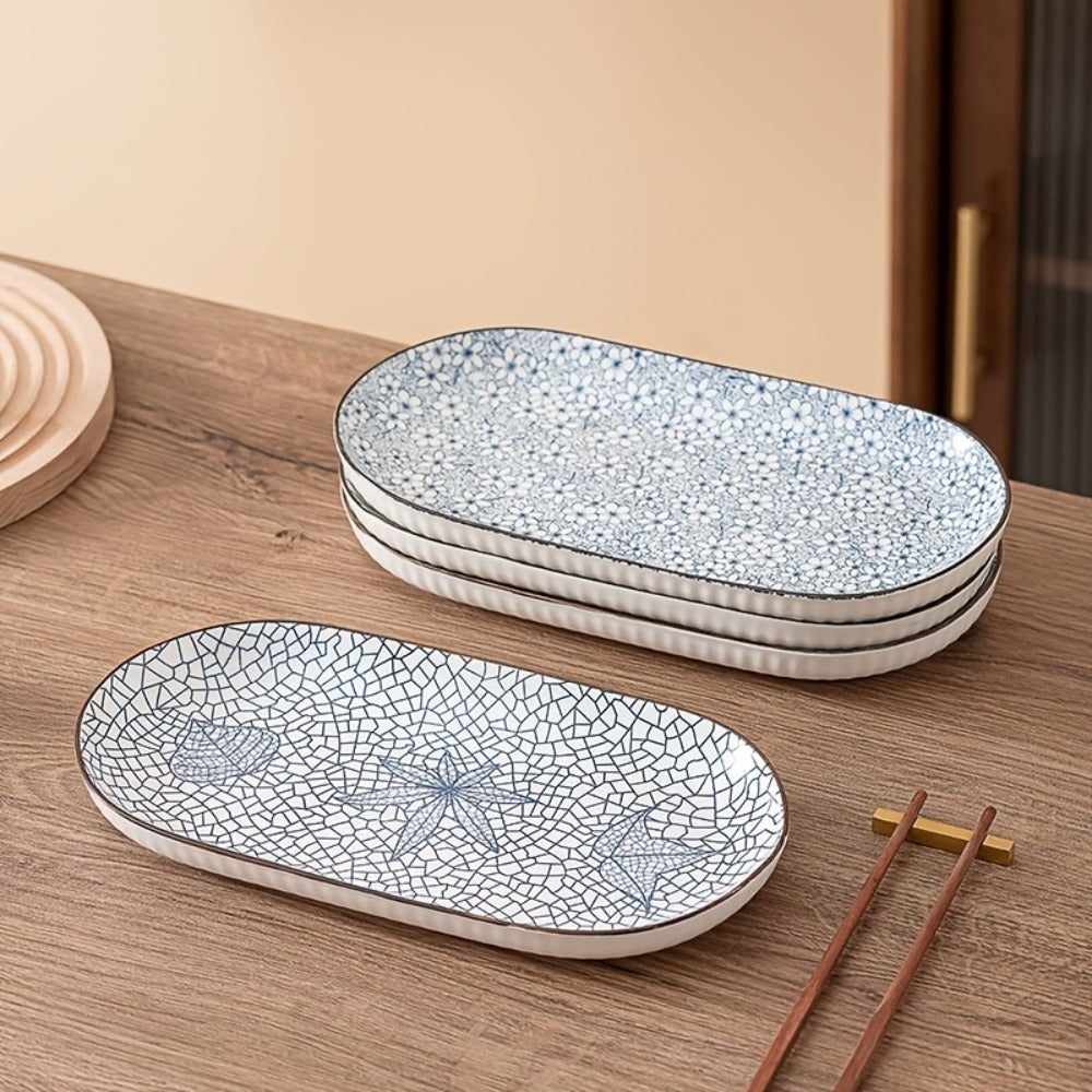 Japanese Blue White Porcelain Fish Plates Set of 4 – 12 Inch Ceramic Serving Plates, Microwave & Oven Safe Steaming Baking Tableware