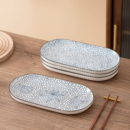 Japanese Blue White Porcelain Fish Plates Set of 4 – 12 Inch Ceramic Serving Plates, Microwave & Oven Safe Steaming Baking Tableware