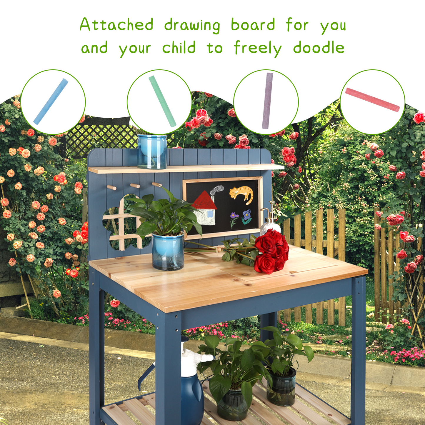 Potting Bench Table Cedar Wood Garden Workstation with Blackboard Removable Sink Hooks Double Shelf for Garden, Patio and Yard Use