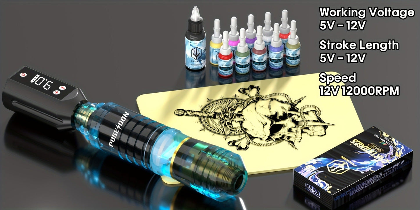 Tattoo Pen Kit Complete Beginner Set - Wireless Battery Tattoo Pen 1400mAh LCD Screen, 10pcs Cartridge Needles