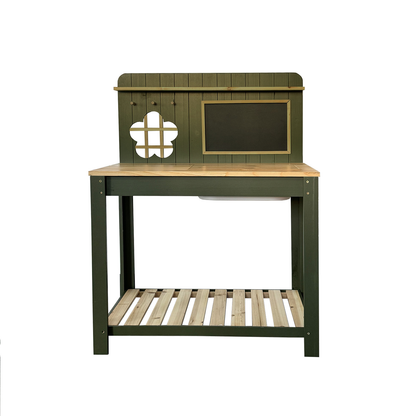 Potting Bench Table Cedar Wood Garden Workstation with Blackboard Removable Sink Hooks Double Shelf for Garden, Patio and Yard Use