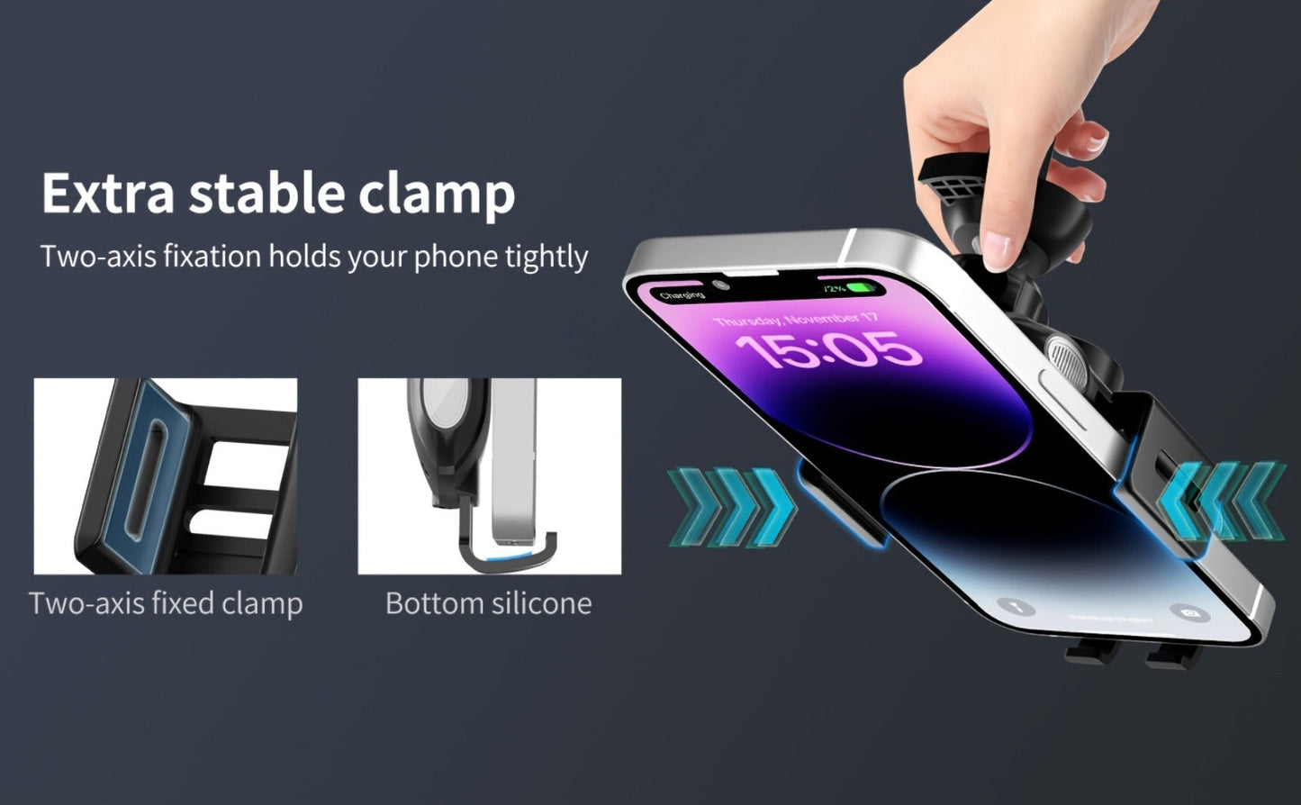 10W Auto-Sensing Car Phone Mount with Wireless Charging Clamp, Vent Clip and Suction-Style Base