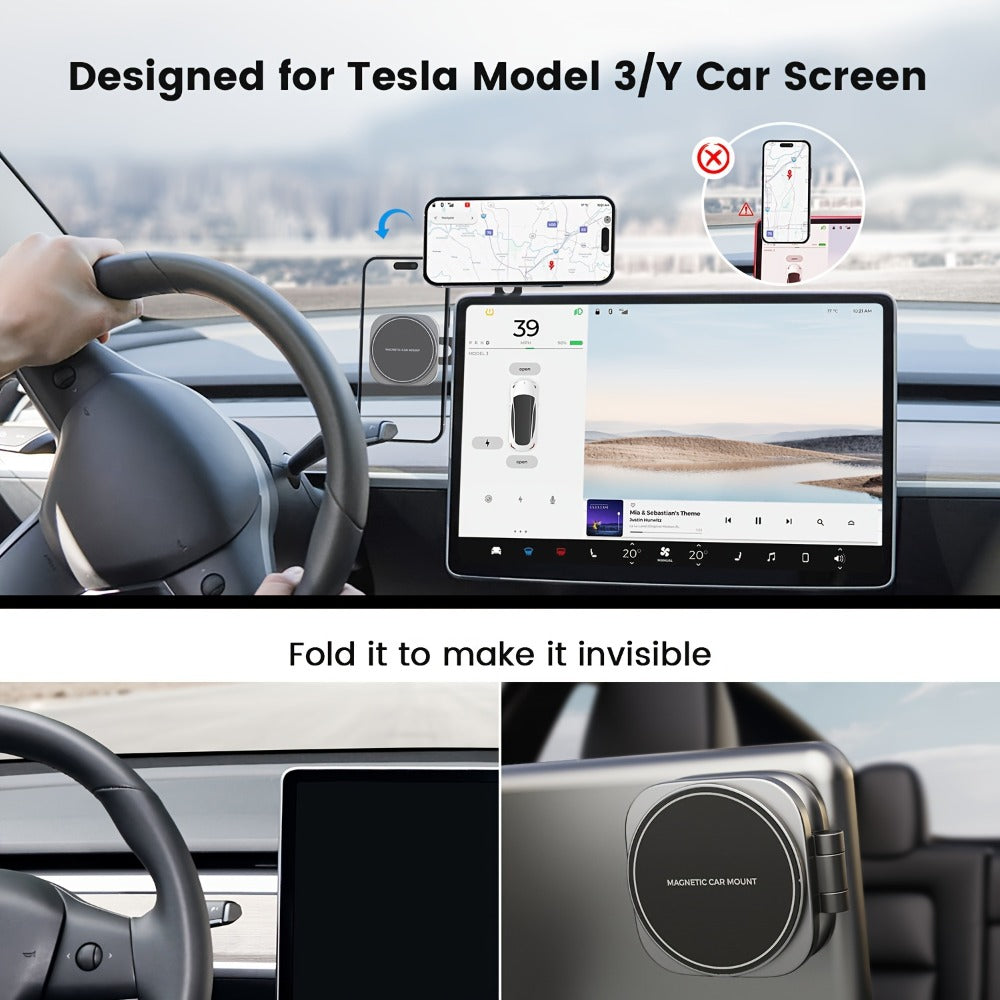 Foldable Magnetic Car Phone Mount for Pictured Model 3 or Model Y Center-Screen Installation