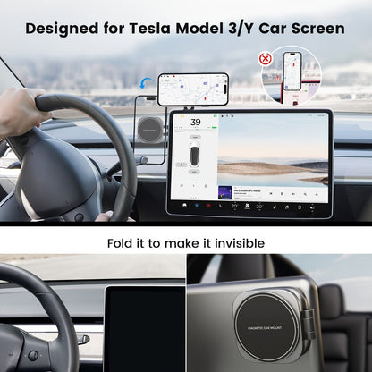 Foldable Magnetic Car Phone Mount for Pictured Model 3 or Model Y Center-Screen Installation