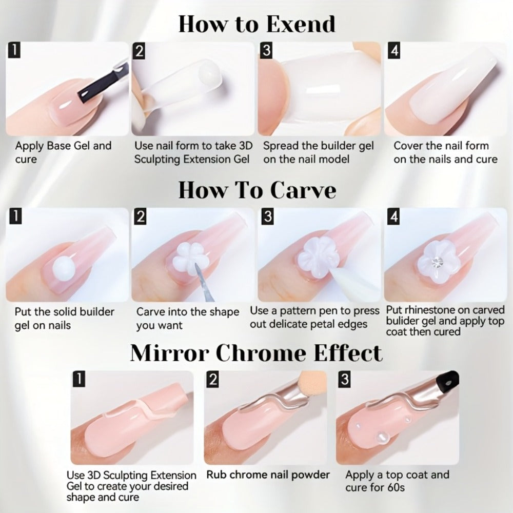 3D Sculpting Builder Gel Kit with Carving Pen – Clear & White Nail Extension Gel for Floral Nail Art, Acrylic Extensions & DIY Salon