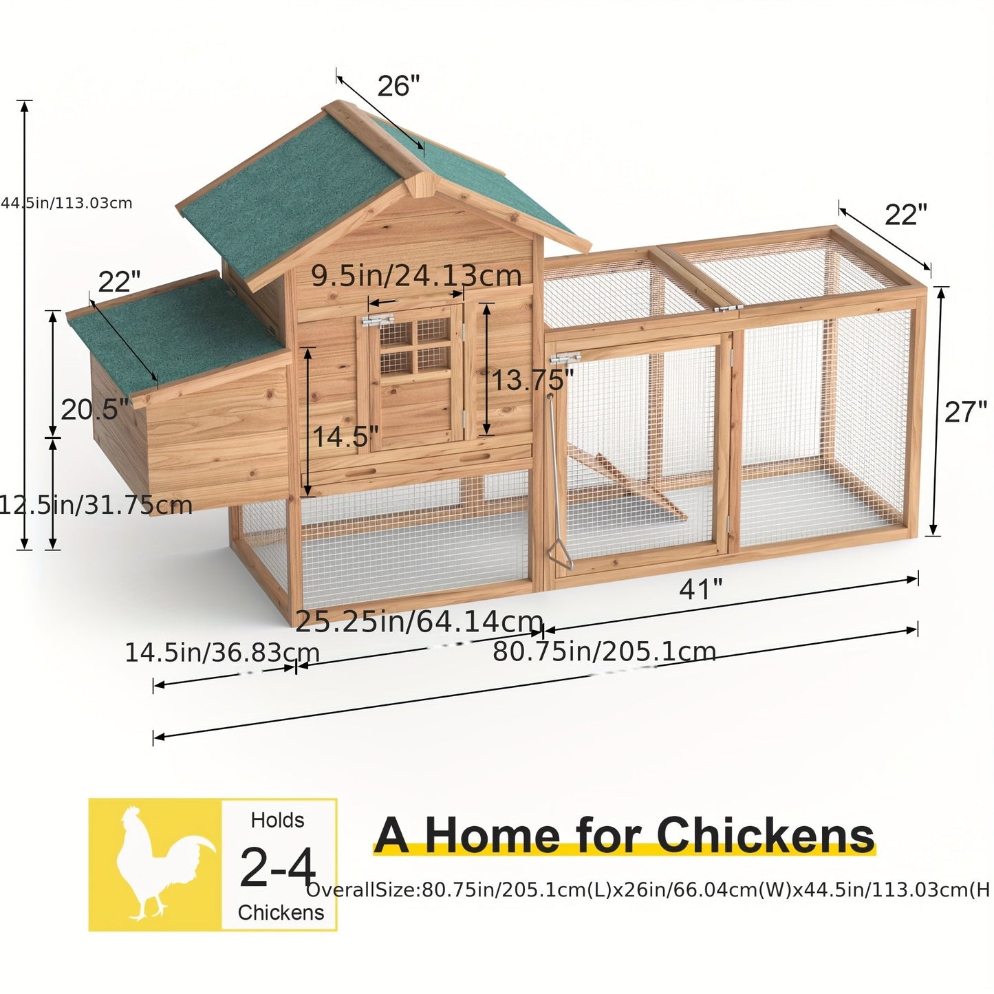 Wooden Chicken Coop with 80.75in Run, Nest Box, Ramp and Brown Frame for Outdoor Backyard Poultry