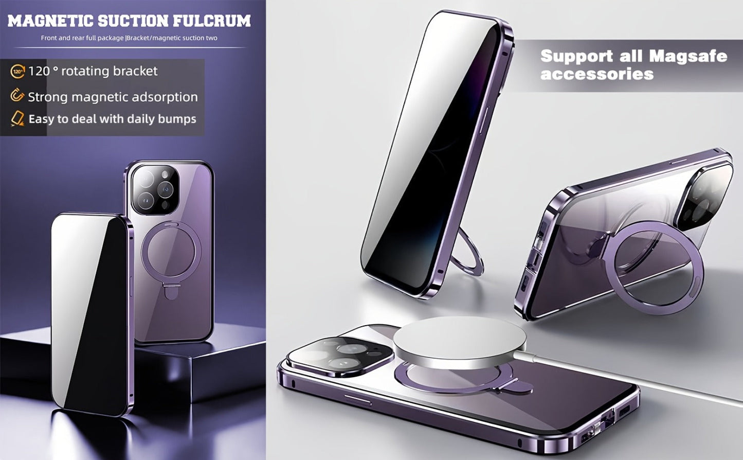 Phone Case Privacy-Panel Double-Sided Tempered Glass Cover with Snap Lock and Kickstand for iPhone 15 Models