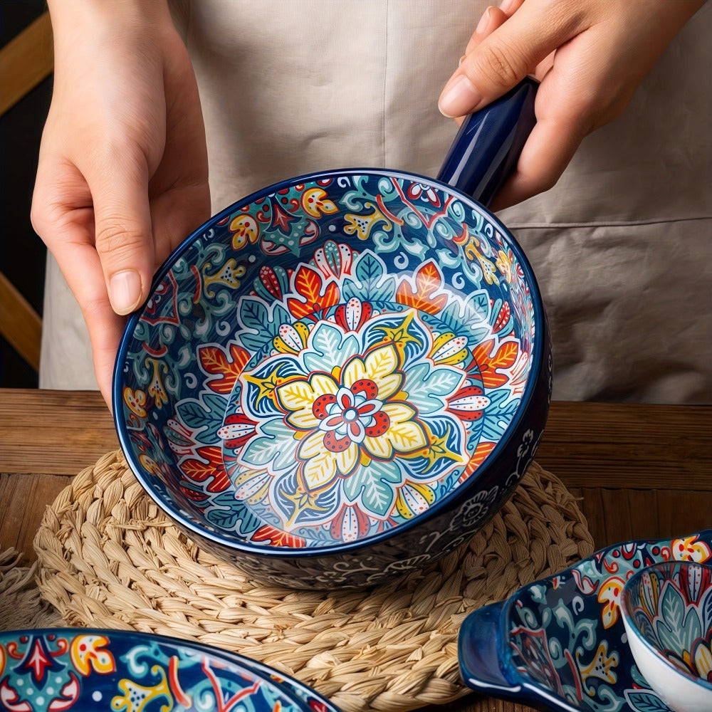 Ceramic Salad Bowl Set of 4 Bohemian Style 8.7 Inch with Handles Microwave and Oven Safe Colorful Serving Bowls for Home Baking Table