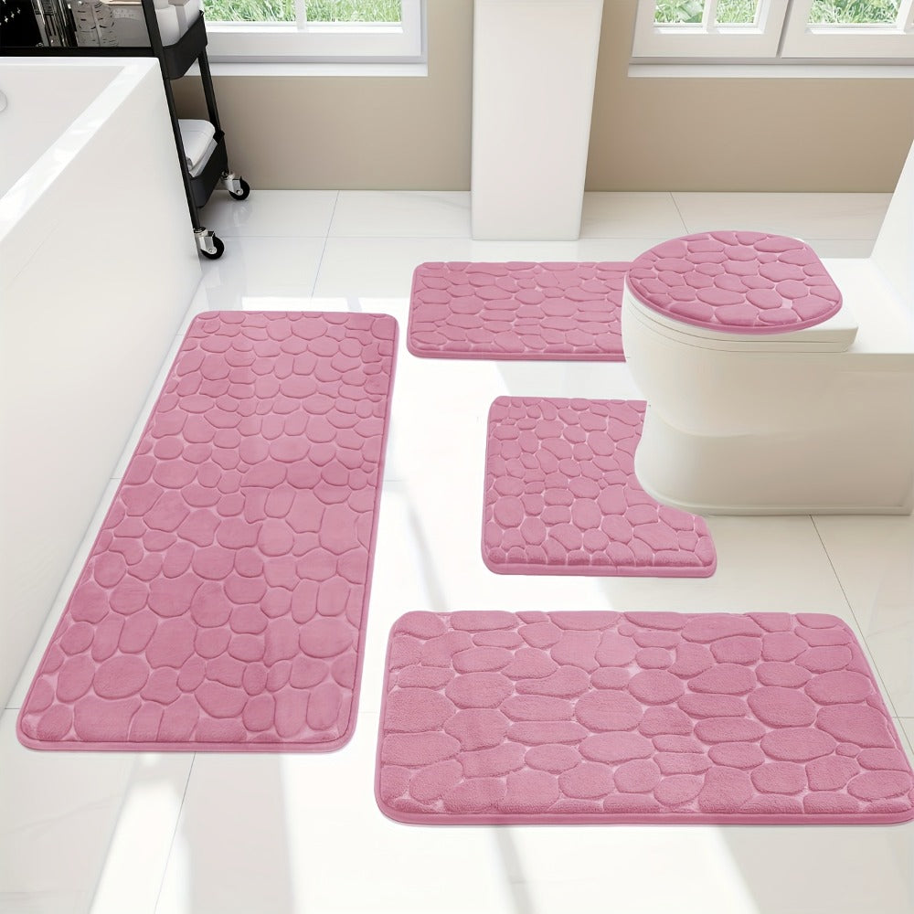 Memory Foam Bathroom Rug Set 5pcs – Non-Slip Absorbent Bath Mat Set for Sink Bathtub Shower Toilet, Machine Washable, Soft Plush Floor Mats