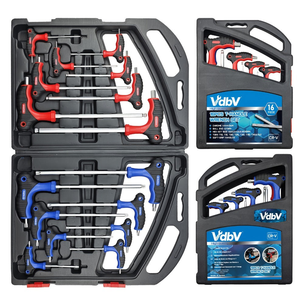 Hex Wrench Set 16-Piece T-Handle | Long Ball End & Star Hex Allen Keys, Chrome Vanadium Steel, Color-Coded, 1.5-10mm T10-T50 1/16-3/8