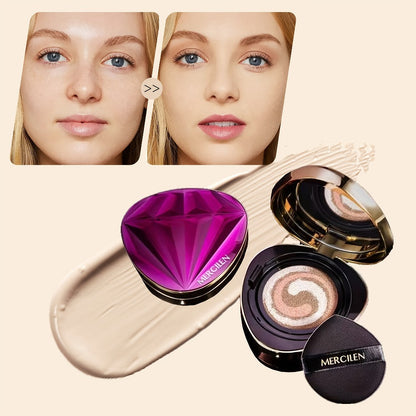 Air Cushion BB Cream Foundation Moisturizing Medium Coverage Dewy Finish with Plant Squalane Glycerin Tri-Color Adaptive Blends All Skin