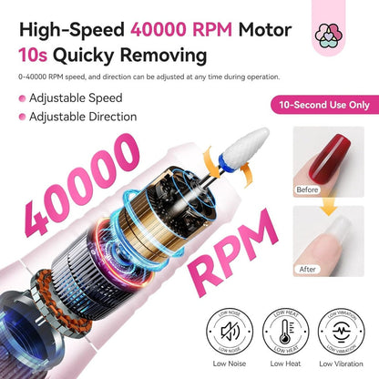 Electric Nail Drill 40000 RPM Rechargeable Professional Nail Drill Machine 4000mAh Battery LCD Display Ceramic Bits Sanding Bands