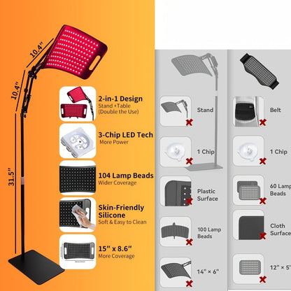 104-LED Red and Near-Infrared Light Panel with 15 x 8.6-Inch Silicone Face, Floor Stand and Articulating Arm