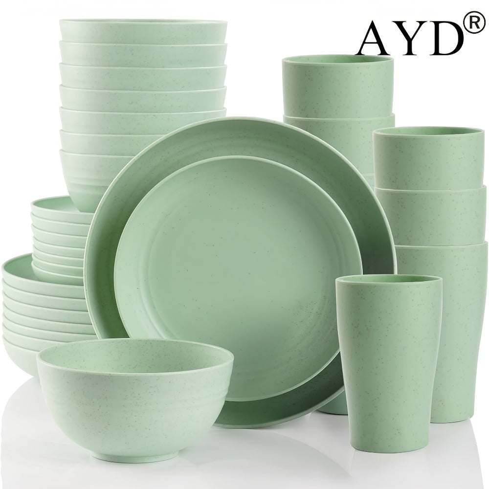 Wheat Straw Dinnerware Set 16 or 32 Piece – Plates & Bowls for 4 or 8 People, Microwave & Dishwasher Safe Plastic Dish Set