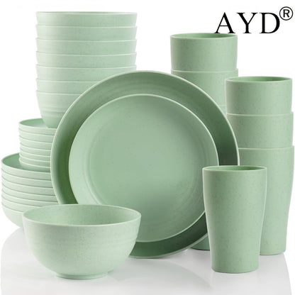 Wheat Straw Dinnerware Set 16 or 32 Piece – Plates & Bowls for 4 or 8 People, Microwave & Dishwasher Safe Plastic Dish Set