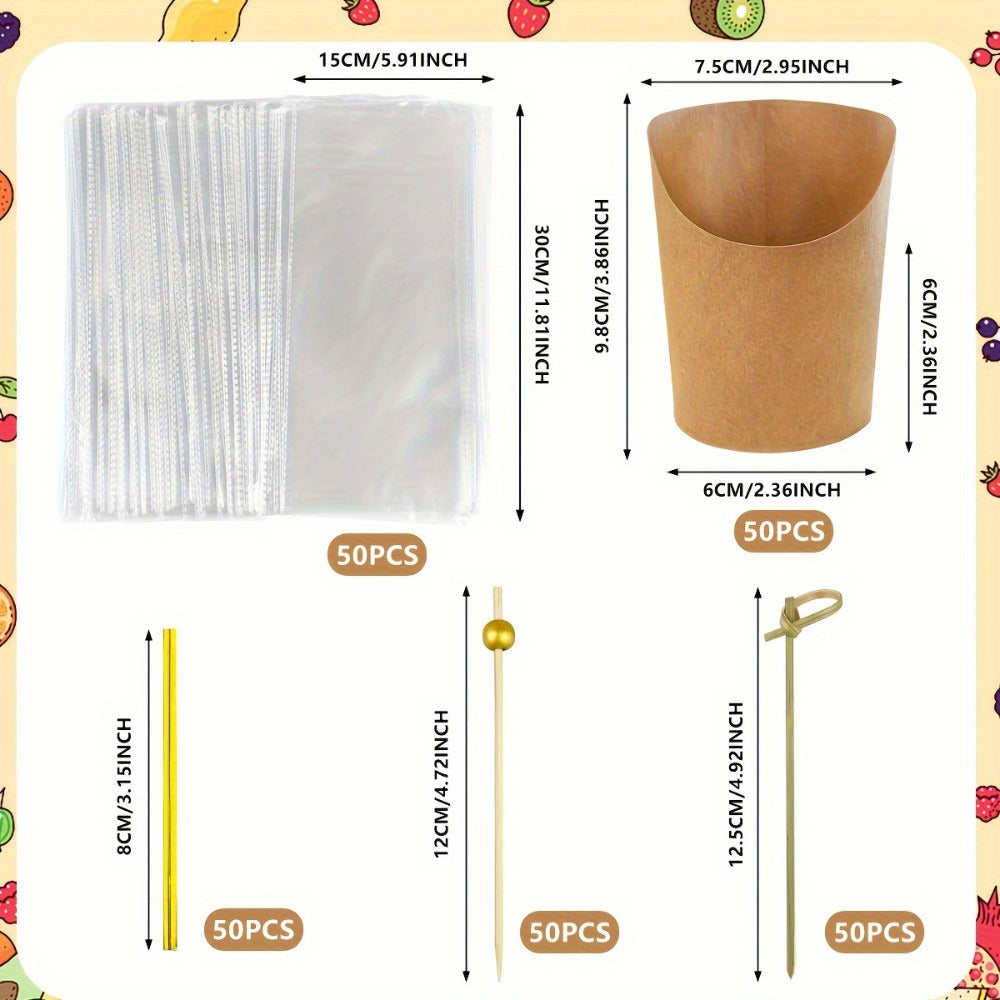 50-Set Kraft-Style Snack Cup Kit with 8-Ounce Cups, Clear Bags and Assorted Serving Picks for Parties