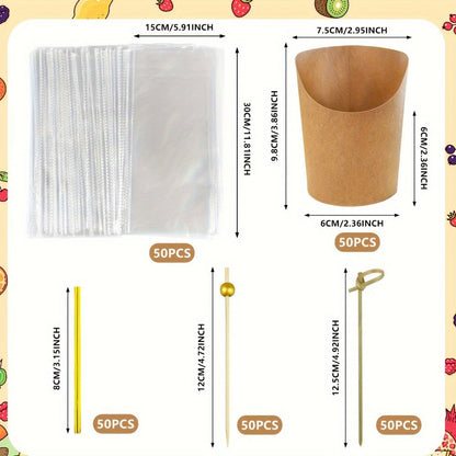 50-Set Kraft-Style Snack Cup Kit with 8-Ounce Cups, Clear Bags and Assorted Serving Picks for Parties