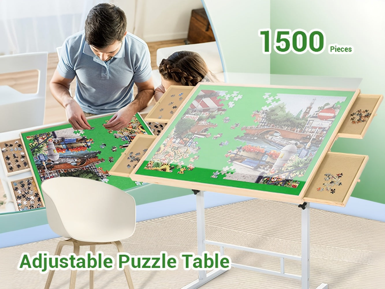 Jigsaw Puzzle Table with 4 Drawers 1500 Pieces – Adjustable Angle & Height 35"x26" Tilting Wood Board with Metal Legs