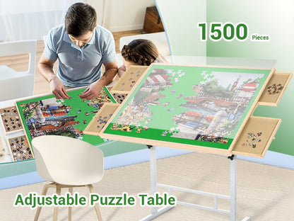 Jigsaw Puzzle Table with 4 Drawers 1500 Pieces – Adjustable Angle & Height 35"x26" Tilting Wood Board with Metal Legs