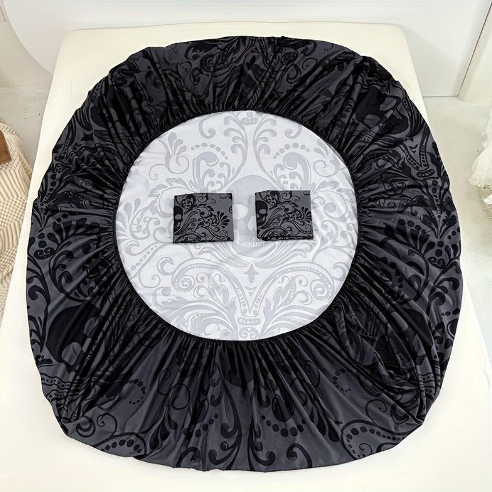 Gothic Skull Fitted Sheet Set 3-Piece, Victorian Baroque Halloween Bedding, 1 Deep Pocket Fitted Sheet + 2 Pillowcases