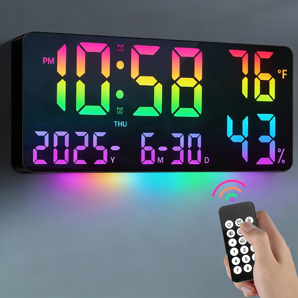 14.6-Inch RGB Digital Wall Clock with Remote, Dual Alarm, Five Brightness Levels and 12 Display Modes