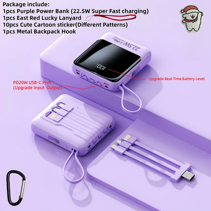 Power Bank 10000mAh with Built-In Cable Set, 5W/15W/22.5W selections, Display and Lanyard for Travel