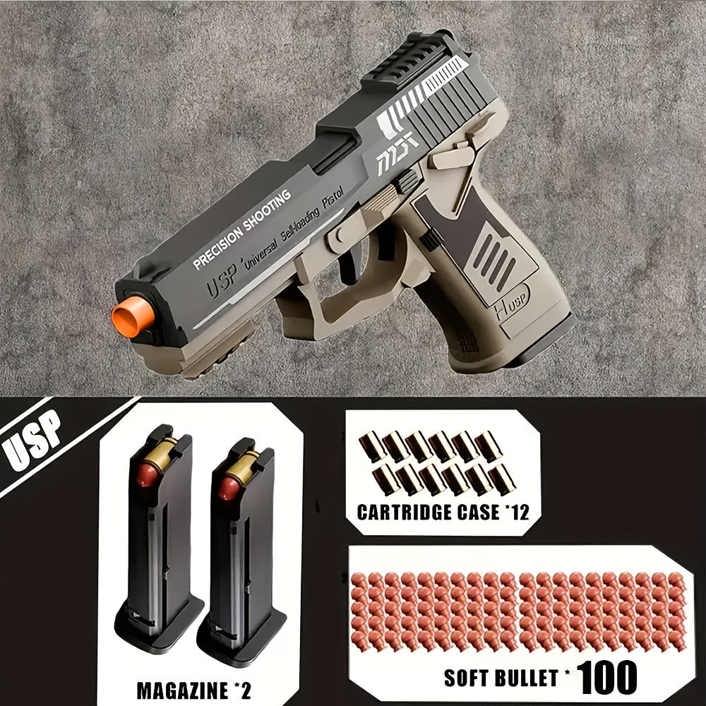Bullet Toy Gun Pistol with Ejecting Shells & 100 Bullets, Semi- Rapid Fire Foam Blaster for Kids Boys Ages 6+