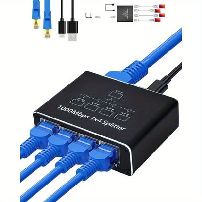 Gigabit Ethernet Splitter 1 to 4 Port 1000Mbps High-Speed LAN Network Adapter with USB Power Cable