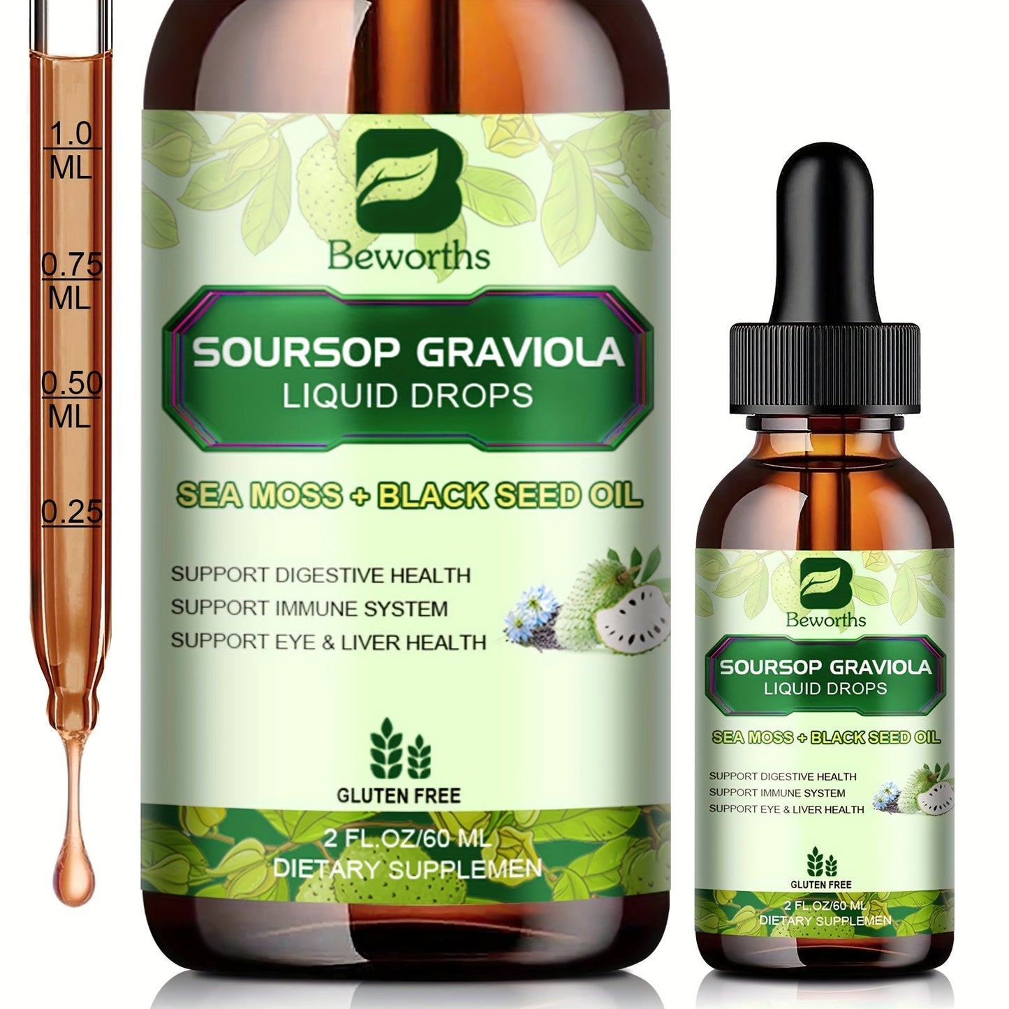 [8-IN-1 Soursop Drops] 1/3 Bottles 8-IN-1 Soursop Liquid Drops, Graviola Leaf & Fruit Complex Supplement With Sea Moss