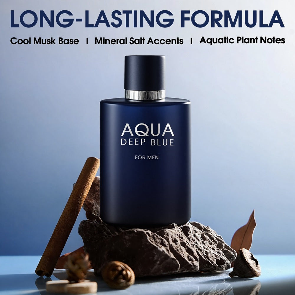 Eau de Toilette Aqua Deep Blue for Men 100ml Spray in Matte Navy Bottle with Matching Boxed Presentation