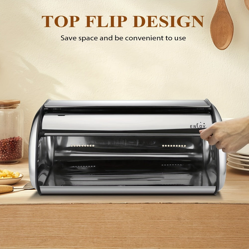 Stainless Steel Roll Top Bread Box 13 Inch - Countertop Bread Storage Container with Lid, Keeps Bread Fresh & Insect-Free