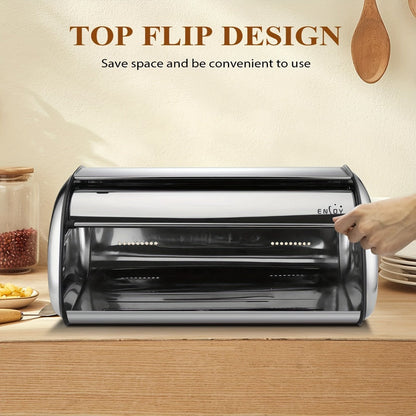 Stainless Steel Roll Top Bread Box 13 Inch - Countertop Bread Storage Container with Lid, Keeps Bread Fresh & Insect-Free
