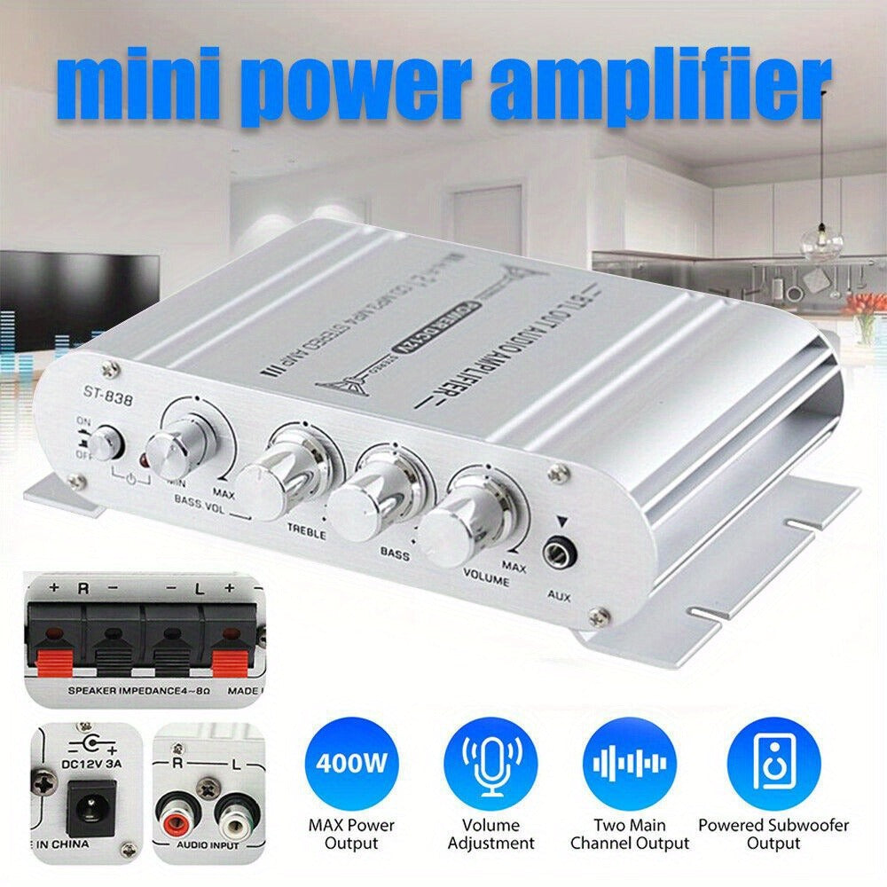 400 Watt 2.1 Channel Car Audio Stereo Amplifier, 12V Class A/B HIFI Power Amp with RCA & AUX Input, Subwoofer Output, Cast Iron Build