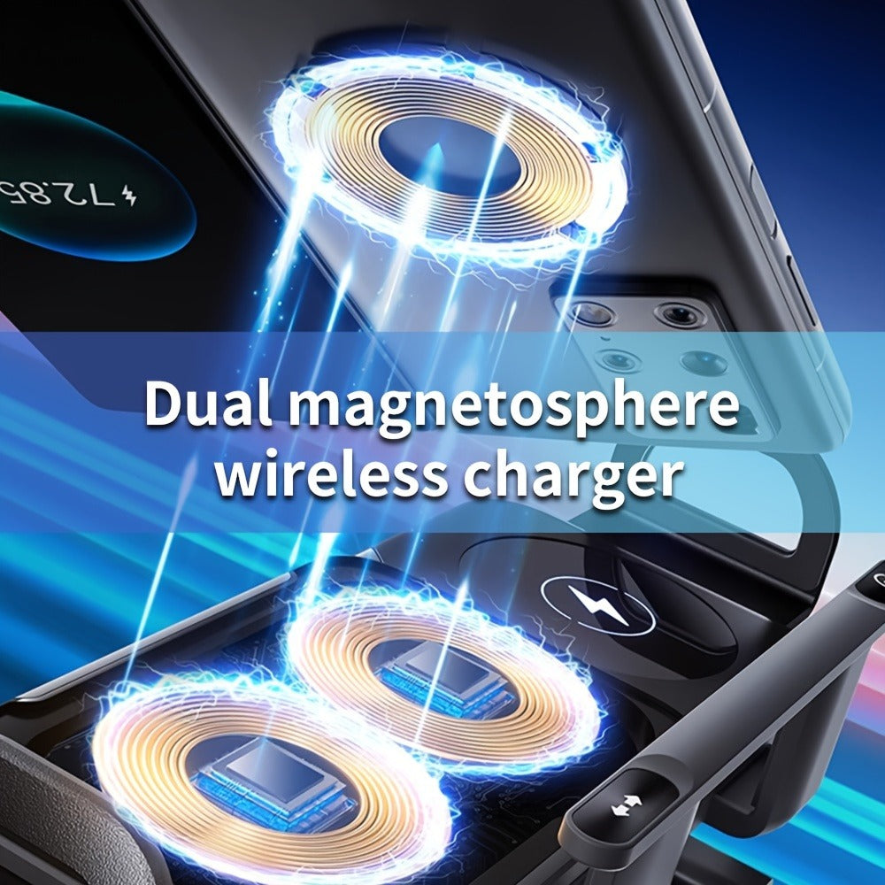 Dual-Coil Wireless Charging Car Mount with 15W Label, Fold-Screen Support and Three Configurations