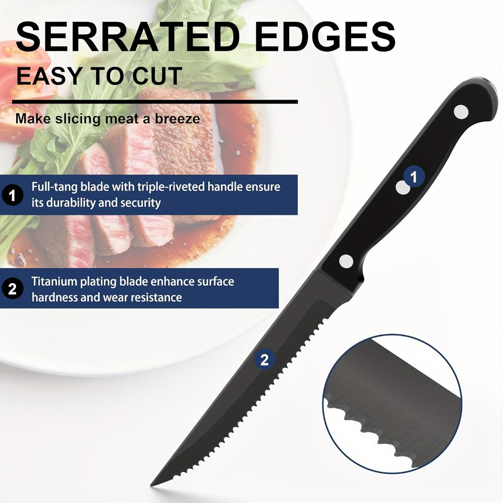 Serrated Steak Knife Dining Set with Six-Piece Place Settings, 24 or 48 Utensils in Silver or Black
