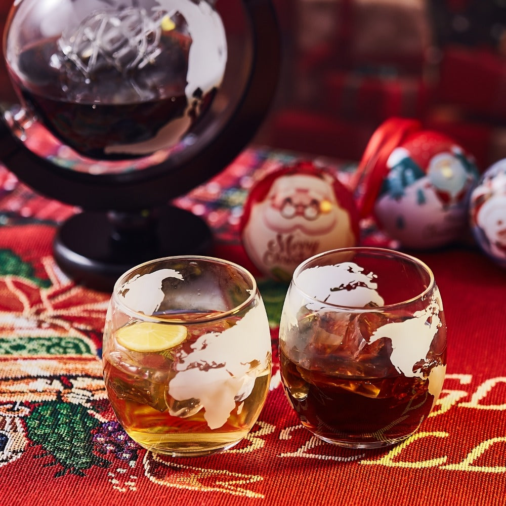 Whiskey Decanter Set with Glasses and Wooden Stand Ball Globe 28oz or Sailboat 44oz Etched for Home Cooking, Dining and Outdoor Meals