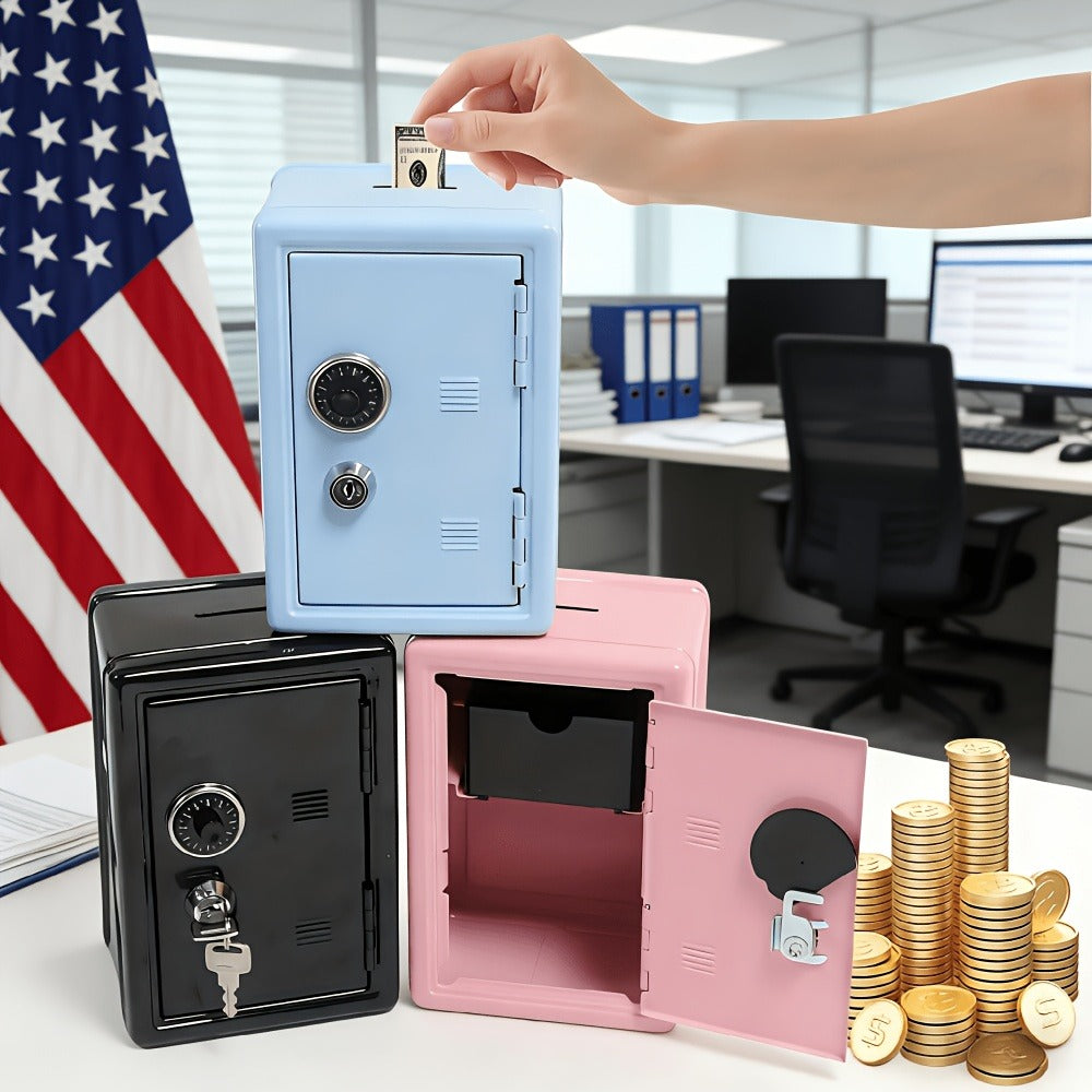 Metal Coin Bank Safe with Key and Combination Lock – Secure Steel Money Box with Removable Drawer, Coin Slot & Cash Storage for Home Office