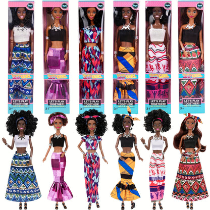 Six-Piece 11.5-Inch Fashion Doll Set with Curly-Hair Styles, Bohemian Outfits, Headbands and Jewelry