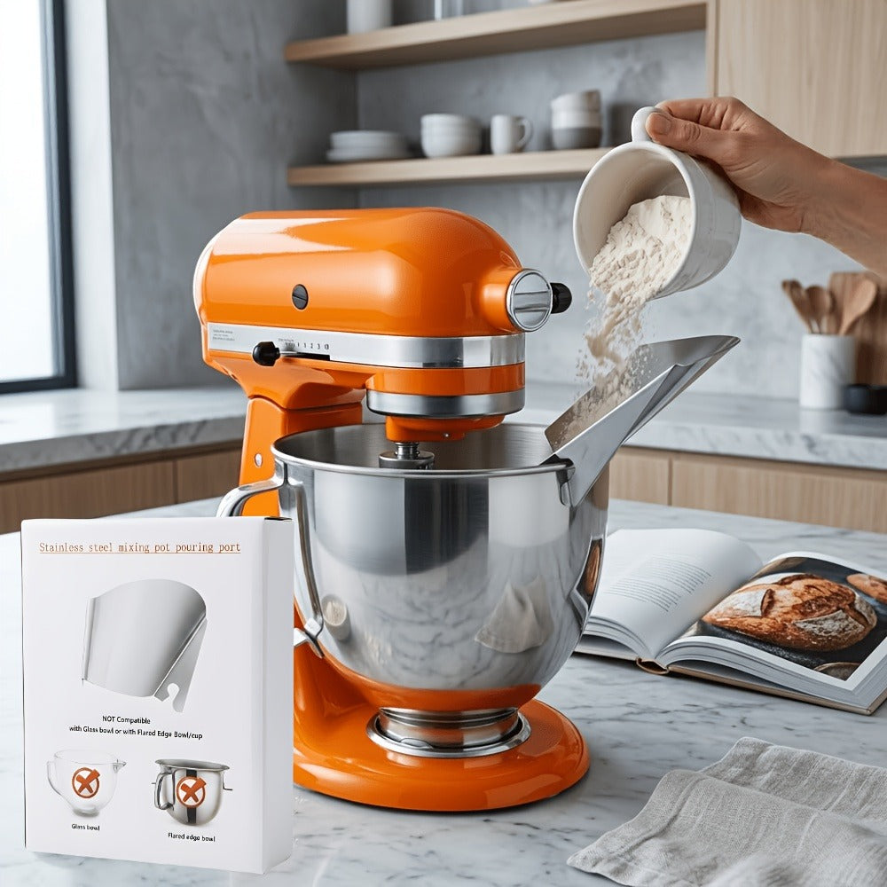 KitchenAid Pouring Chute Stainless Steel Stand Mixer Attachment – Universal Funnel Shield for Tilt-Head & Bowl-Lift 4.5-8 Qt