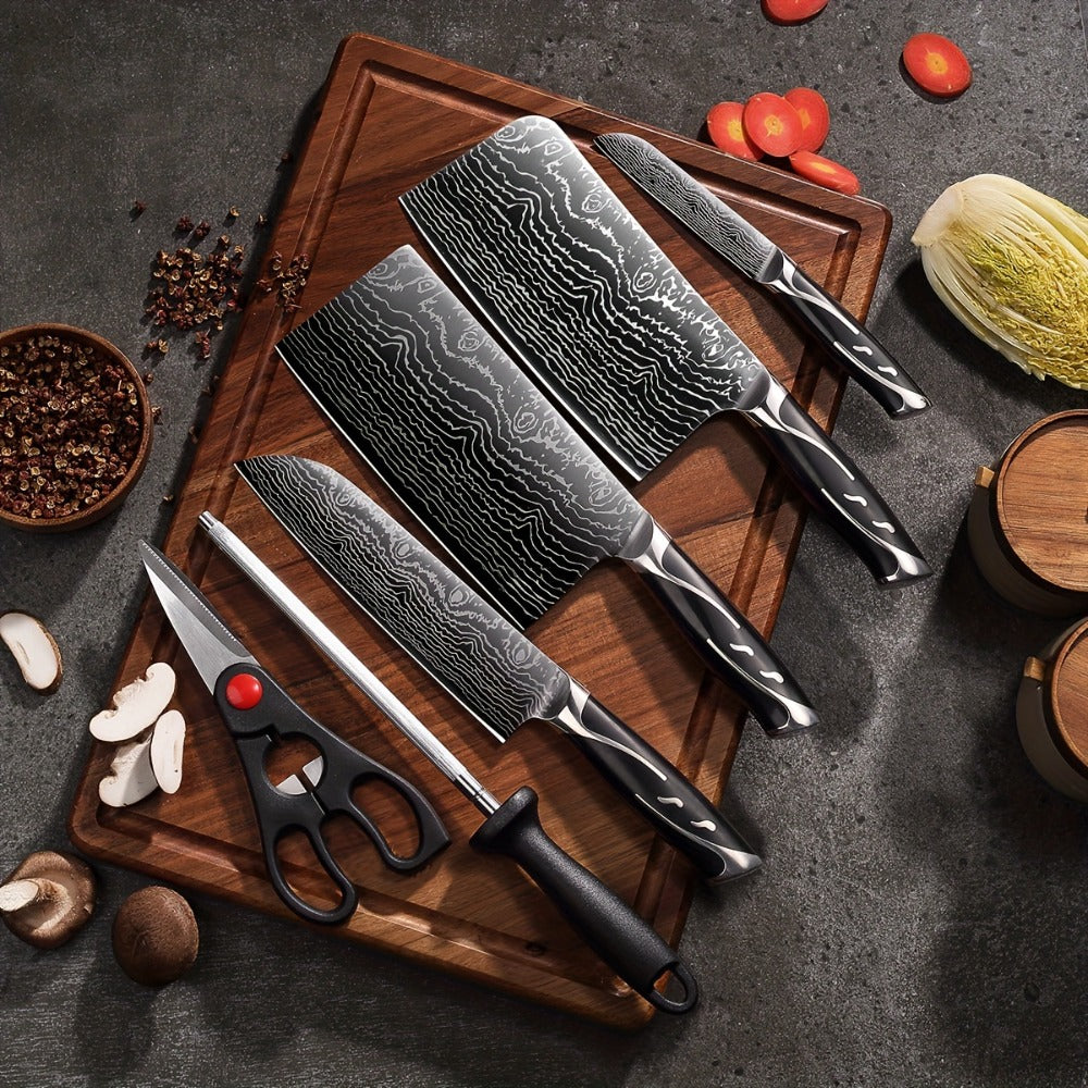 Kitchen Knife Set 7-Piece Damascus-Pattern Stainless Steel with Four Knives, Shears, Honing Rod and Rotating Block