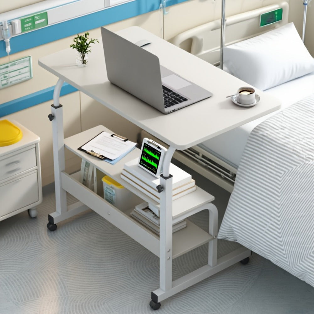 Adjustable Overbed Table with Rolling Shelf Frame and Six Color Checkout Options from Burlap to Deep Glacier