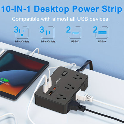 Surge Protector Power Strip 10-in-1 with 6 AC Outlets, 2 USB-A, 2 USB-C, Flat Plug and 5 ft Extension Cord