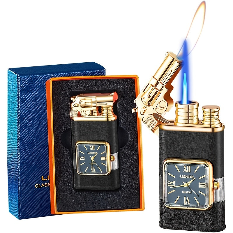 Double Flame Windproof Lighter Creative Retro Metal Lighter Dragon Eagle Gun Shape Quartz Dial Portable Outdoor Lighter Men Gift Box Butane