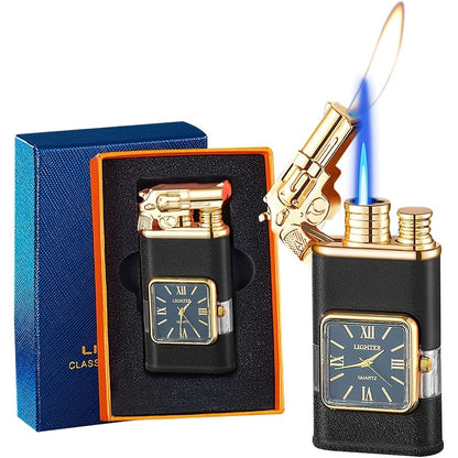 Double Flame Windproof Lighter Creative Retro Metal Lighter Dragon Eagle Gun Shape Quartz Dial Portable Outdoor Lighter Men Gift Box Butane