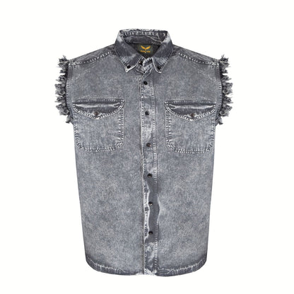 Men's Sleeveless Shirt – Fringe Hem Crew Neck Tank Top, Stonewash Cotton, Regular Fit for Streetwear, Beach & Vacation, Sizes M–XXXXL